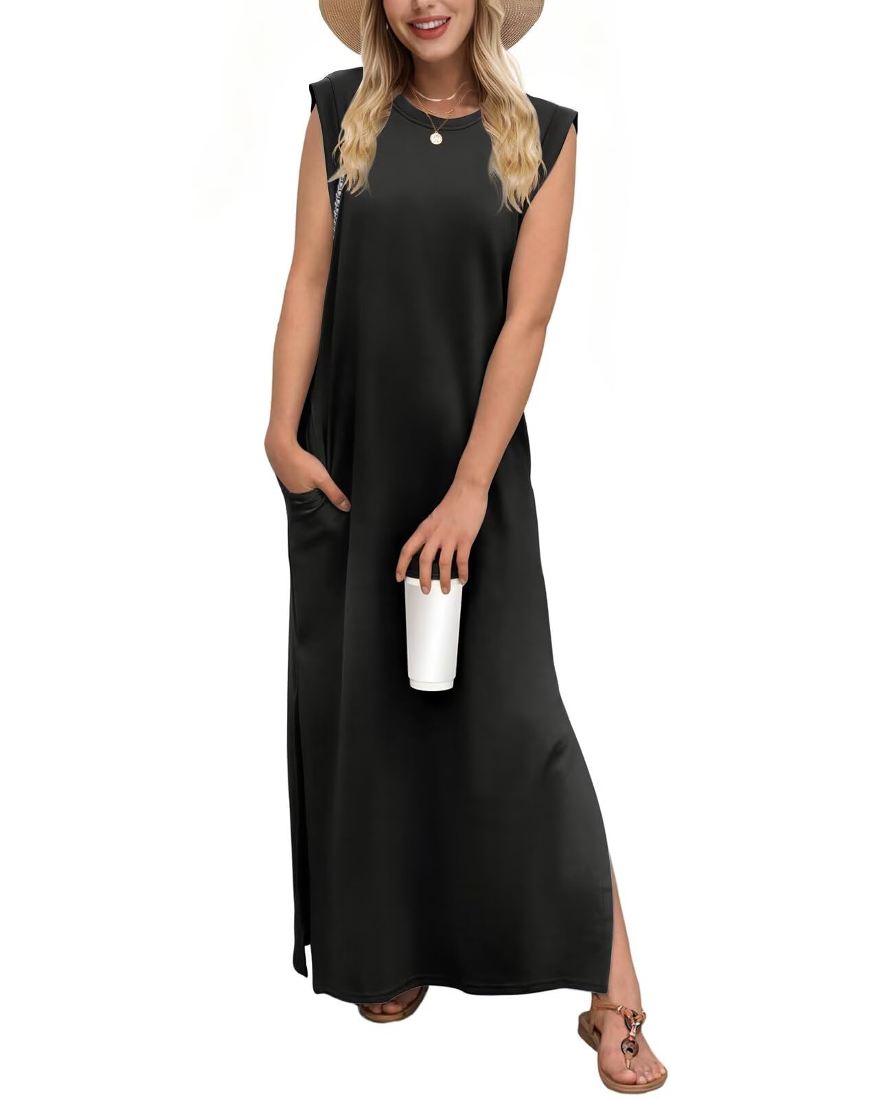Tanmolo Damen Maxikleid Ärmellos Rundhals mit Taschen Seitenschlitzen | Lässiger, Eleganz, Alltag & Urlaub