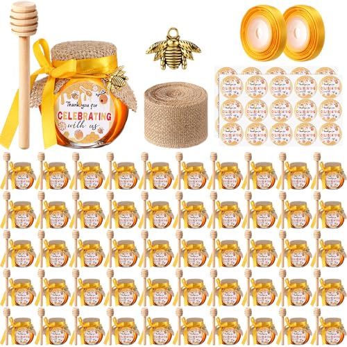 Funnymoom 30 Sets Mini Glass Honey Jars 1.5 oz Honey Jars Party Favors in Bulk with Dipper and Gold Lid, Bee Charm, Stickers and Silk Ribbon for Bee Themed Guests Wedding Baby Shower Favors