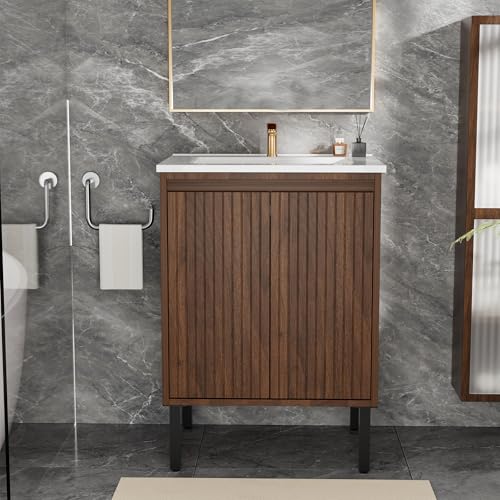 GUCOGUKA 24' Bathroom Vanity with Sink, Modern Freestanding Bathroom Storage Cabinet with 2 Soft Close Doors, Without Faucet, Walnut