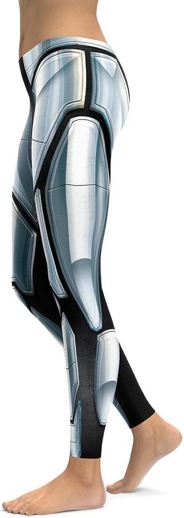 3D Iron Metal Armor Robotic Leggings for Women - Mid Waist Stretchy Pants Printed Leggings for Workout & Exercise
