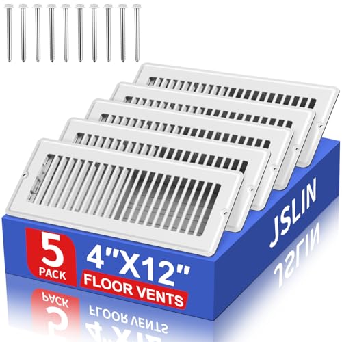 4x12 Floor Register - 5 Pack Vent Covers for Home Floor Wall Ceiling - White with Screws for Easy Installation - Heavy Duty Steel Walkable Finish for Quiet Adjustable Airflow HVAC Register Grilles