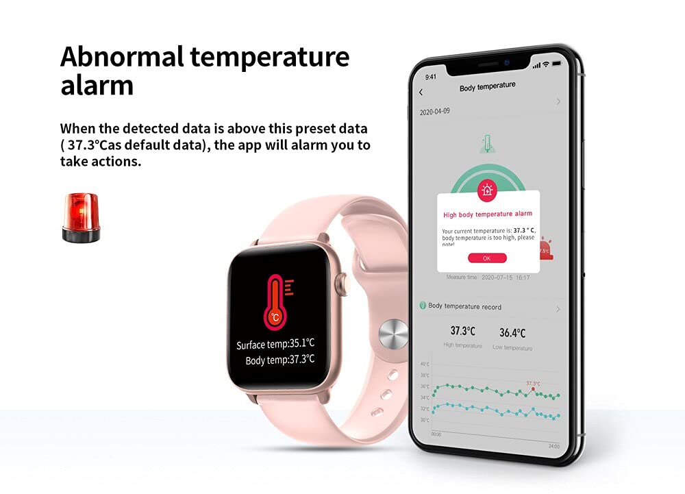 Reloj inteligente, rastreador de actividad física, medición de temperatura impermeable IP68, monitor de frecuencia cardíaca, pulsera deportiva para Android iOS (gris)