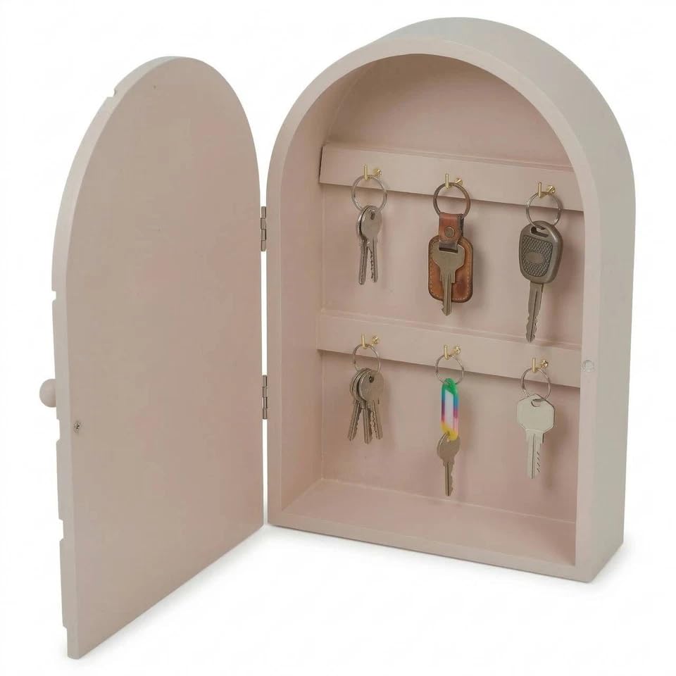 URBNLIVING 6 Hook Wall-Mounted Key Cabinet – Wooden Key Holder Box for Entryway, Hallway, Home Organisation, Compact and Stylish Storage Solution (PINK)