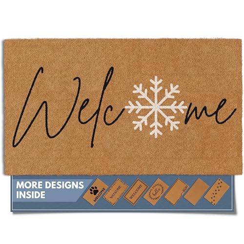 Barnyard Designs Natural Coco Coir Christmas Doormat - Large Cute Non-Slip Heavy Duty Backing Door Mat for Outside Entrance or Porch Entry, Brown (17x30, Winter Snowflake)