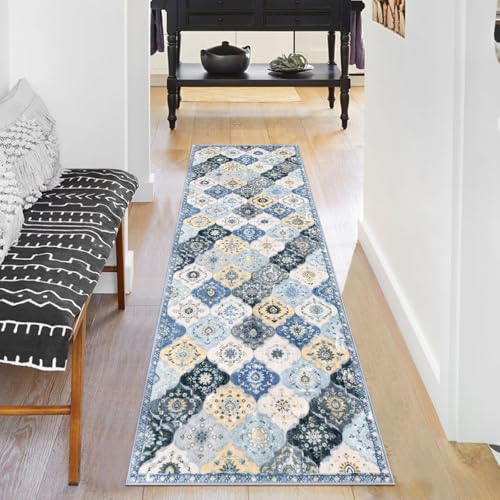 KILOCOCO 2x6 Runner Rug, Moroccan Super Soft Washable Hallway Entryway Runner Rug, Accent Print Faux Wool Kitchen Runner Rug 6 Feet Non-Slip Boho Rug Runner for Bedroom, Beige Blue/Yellow/Multi