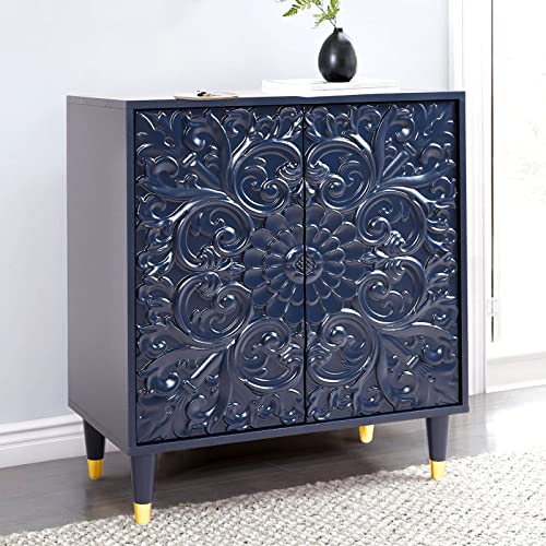 Weselon Accent Cabinet With 2 Doors, Luxury Carving Board Storage Sideboard With Adjustable Shelves, Buffet Cabinet Console Table For Living Room (Blue) #TOP29