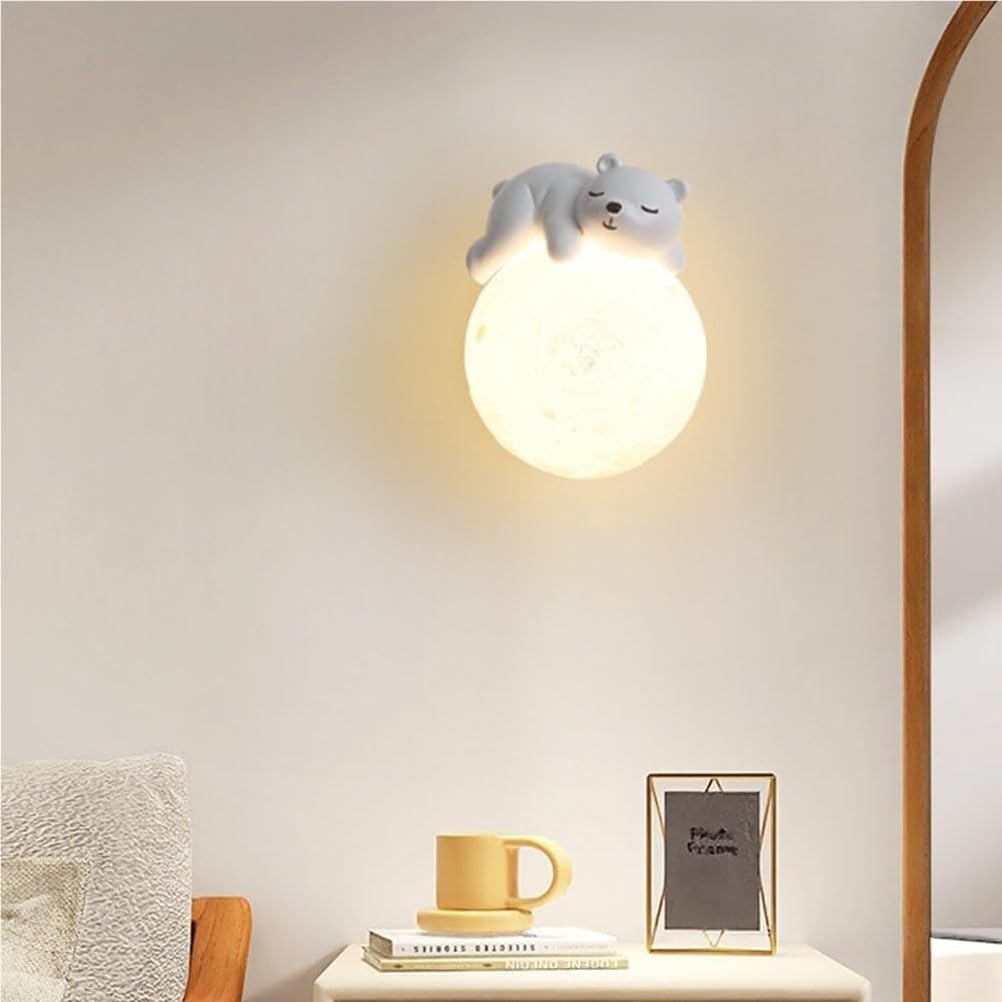 EaEa LED Mond Wandleuchte Kinderzimmer Holz Wandlampe Kreative Schlafende Bär Junge Mädchen Dekorative Nachtlicht 3000K/4500K/6000K Kinder Nachttisch Wandbeleuchtung für Schlafzimmer Babyzimmer, Weiß