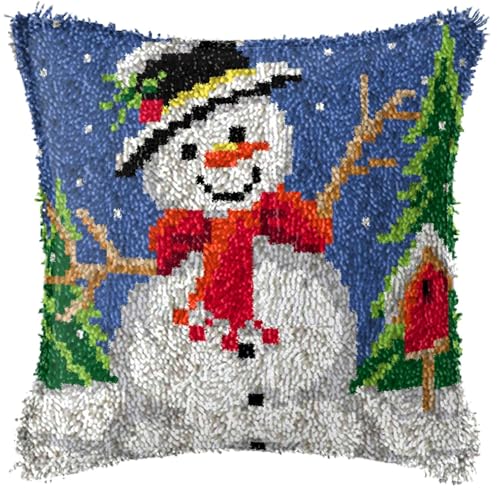 Image of Howie's Latch Hook Kit, DIY Snowman Pillow Crochet Yarn Kits for Adults, Color Preprinted Pattern Embroidery Sofa Cushion Cover (Christmas-Snowman 2, 16.93 x 16.93 inch)