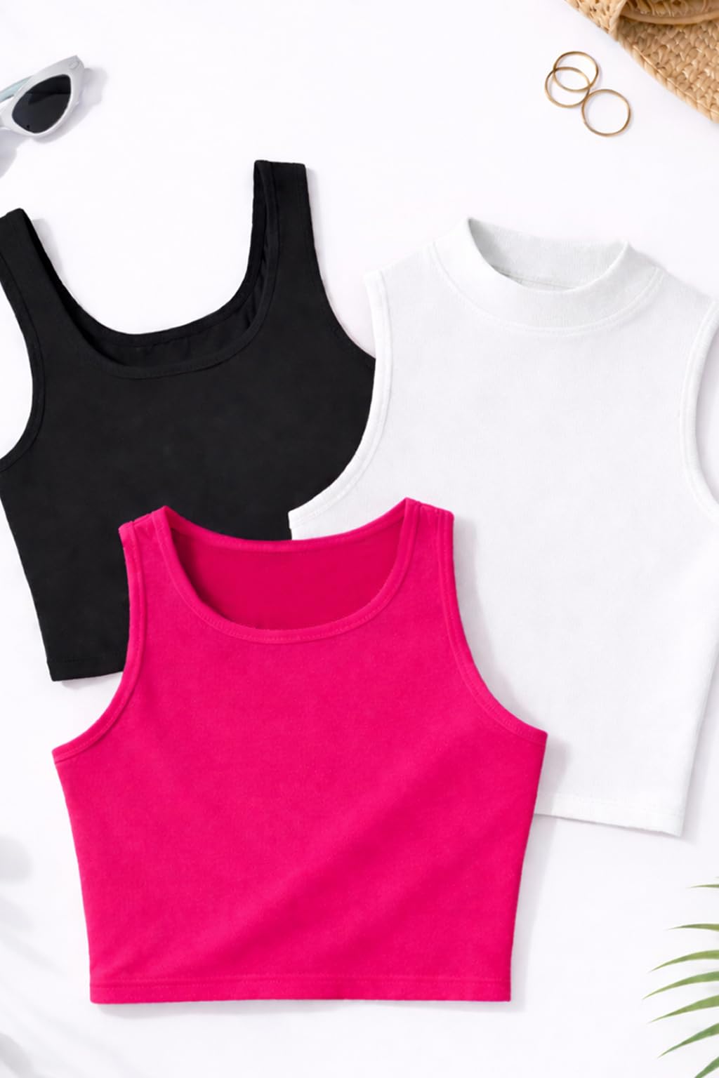 Toochki Top da donna crop top da donna canotta activewear t-shirt sport casual rotondo, quadrato, canotta in cotone a collo alto, confezione da 3