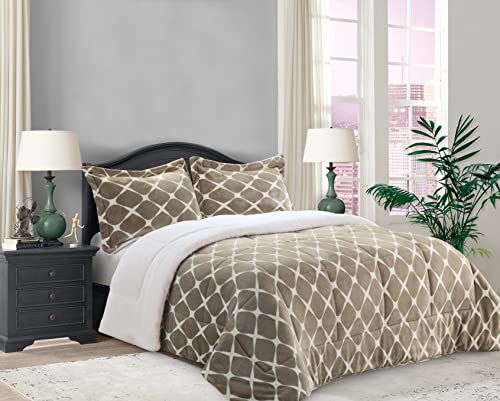 Elegant Comfort 3-Piece Luna Ogee Pattern Collection, Reversible Sherpa Comforter, Soft, Breathable & Cozy Fabric, Micro-Suede, Ogee Pattern Sherpa Comforter, Full, Autumn Taupe