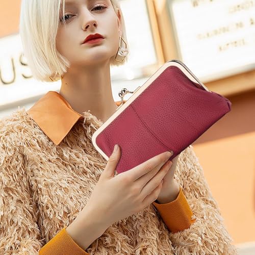 New Women's Evening Bag, Long Wallet Retro Leather Clutch with Kissing Clasp Zipper Card Slot red2