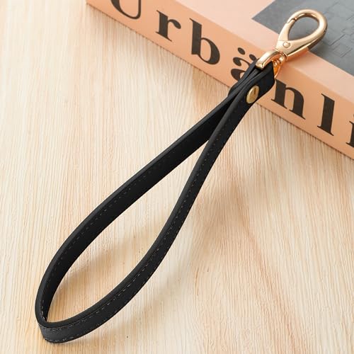Hamdecro Wristlet Strap, Genuine Leather Wrist Lanyard Hand Strap Replacement for Wallet Purse Clutch Pouch Phone ID Badge, Gold Buckle - Black