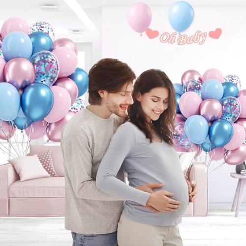 Image of 61pcs Pink and Blue Balloons, 12 Inch Macaron and Metallic Blue Pink Latex Party Balloons for Gender Reveal Baby Shower Wedding Bridal Shower Birthday Graduation Party Decorations