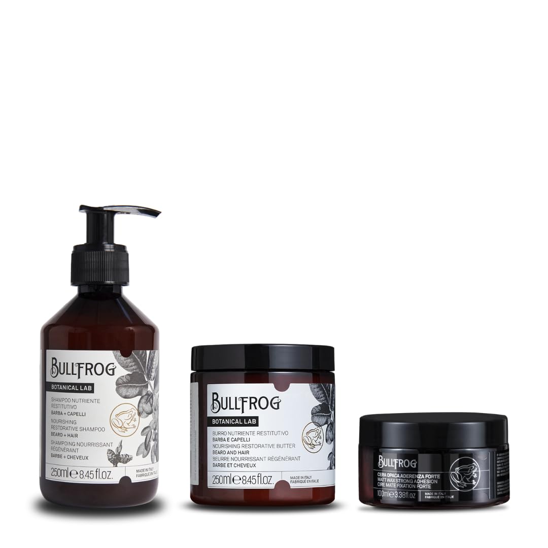 Bullfrog | Herren Haircare- & Styling-Set | Nährendes regenerierendes Shampoo, Nährende regenerierende Butter, Matte Haarwachs mit starkem Halt | Reinigt und pflegt, Definiert mit starkem Halt