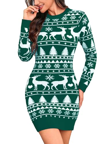 Totatuit Strickkleid Damen Weihnachten Rundhals Strickpullover Pulloverkleid Elegant Minikleid Winterkleid mit Rentier,Schneeflocken und...