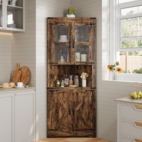 GarveeHome 67" Tall Corner Storage Cabinet, Farmhouse Corner Hutch Display Cabinet with Glass Doors, Wooden Storage Organizer for Kitchen, Living Room