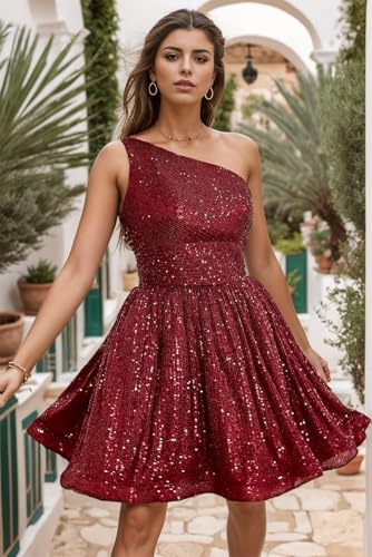 One Shoulder Homecoming Dresses Short for Teens A-Line Sparkly Sequins Cocktail Party Gown with Pockets3