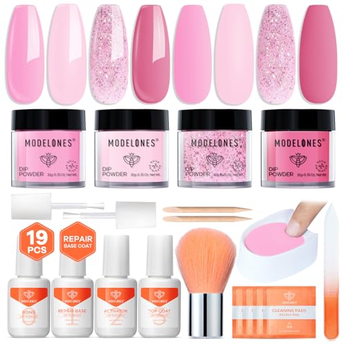 Modelones Dip Powder Nail Kit Starter Set, 4 Colors 19pcs Dip Powder Liquid Set Baby Pink Glitter Dipping Powder Set with Top & Base Coat/Activator/Powder Brush/Recycling Tray for Nails Manicure