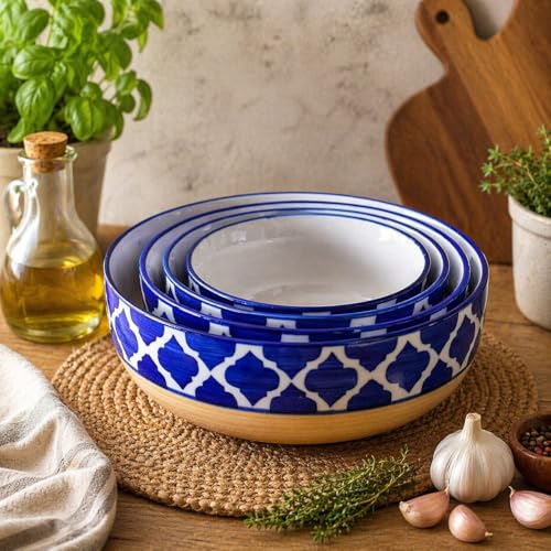 Image of Ceramic Mixing Bowl Set 4 Pieces Yellow Blue - 1500ML 800ML 600ML 400ML Microwave Dishwasher Safe for Mixing Serving Storage