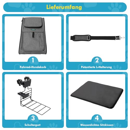 DAISTERN Hundekorb Fahrrad Vorne bis 10KG mit L-förmige Halterung Φ8cm, Faltbarer Hundefahrradkorb 4 in 1 Rucksack Schultertasche Autositz, Bequemes Kissen, Netzfenster-Design, Reflektorstreifen