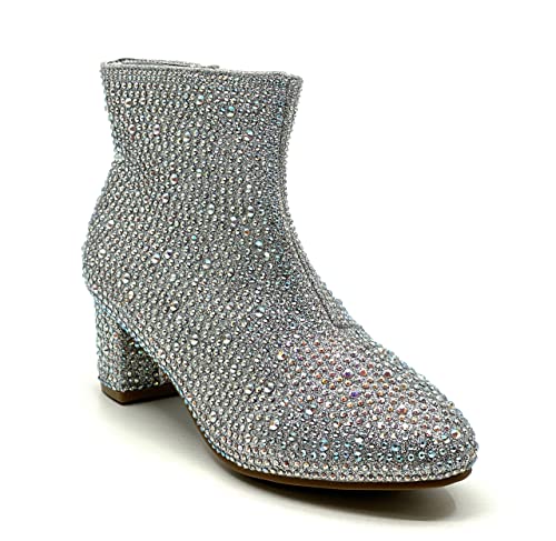 Forever Girls Rhinestone Boots Kids Low Heel Dress Booties Iceberg-12K Shoes Silver Rhinestone 1