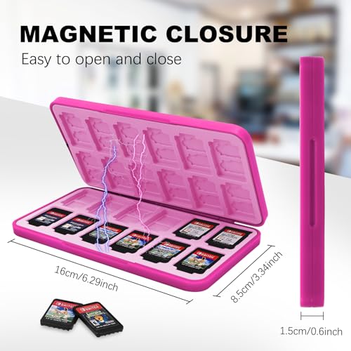 Image of FYY Nintendo Switch Game Case Holder for Switch 2 Cartridge Case with 24 Game Card Slots & 48 Micro SD Card Slots, Hard Shell, Silicone Lining Magenta Pink