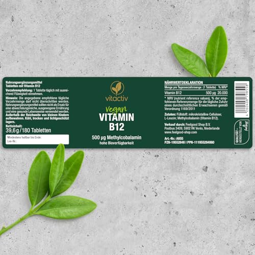 VITACTIV Vitamin B12 Tabletten Hochdosiert - 180 Stk für 180 Tage - Bioaktives Methylcolabamin, Vitamin B12 500µg - Hohe Bioverfügbarkeit, Vegan, kein Magnesiumstearat, Laborgeprüft in Deutschland