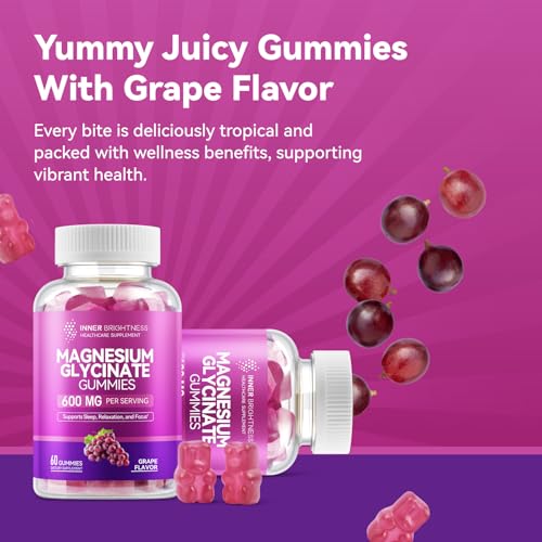 Image of Magnesium Glycinate Gummies 600mg, Non-GMO, Gluten-Free, Magnesium Gummies for Adults & Kids, Sleep, Relaxation & Focus, Grape Flavor, 60 Count