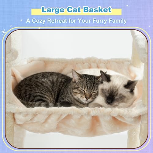 Image of Hey-brother Cat Tree Tower, Scratching Posts with Extra Large Platform and Basket, Specious Condo, 2 Cozy Hammocks, Scratch Board for Indoor Adult Cats, Maine Coon 71.7 inches, Beige MPJ080M