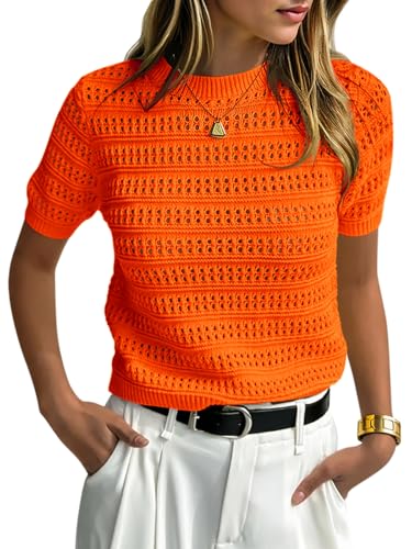 Image of Saodimallsu Womens Short Sleeve Crochet Sweaters Summer Boho Pullover Tops