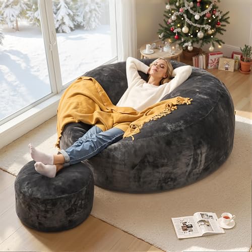 5ft Bean Bag Chairs for Adults, Giant Bean Bag Couch & Ottoman, Velvet Beanbag Chair with Filling & Soft Removable Cover, Lazy Sofa for Living Room Bedroom (Dark Gray Velvet Chair)