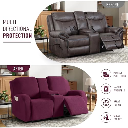 Image of KinCam Loveseat Recliner Covers with Middle Console Slipcover, Recliner Sofa Covers 2 Seat Couch Cover Stripe Jacquard Furniture Protector Covers with Elastic Bottom for Kids, Pets (Burgundy)