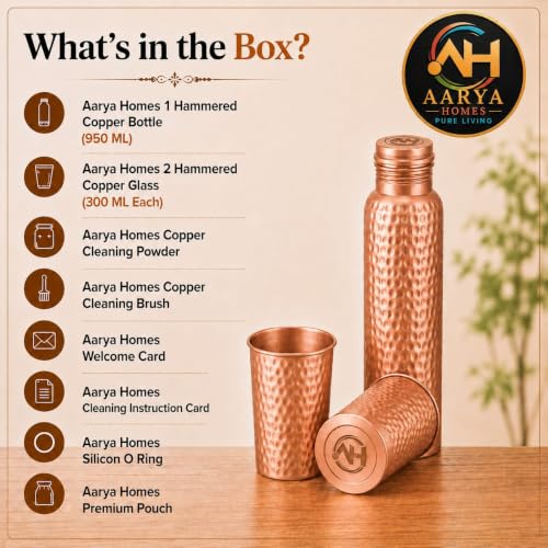 Image of Pure Hammered Copper Water Bottle (950ml) with 2 Copper Glasses (300ml) Combo Set | 99.9% Pure Copper | Gifting Item for Festival, Wedding, Birthday & Corporate Gifting | PURE LIVING.