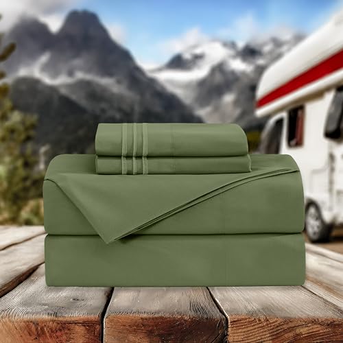 Image of Elegant Comfort Luxurious 1500 Premium Hotel Quality Microfiber Three Line Embroidered Softest 4-Piece Bed Sheet Set, Wrinkle and Fade Resistant, RV Short Queen, Green