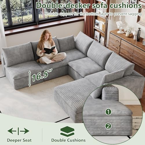 Image of 103 inch Cloud Couch Modular Sectional Sofa for Living Room, U-Shape Boneless Couch with Deep Seat, Modern Corduroy 5-Seater with Ottoman, No Assembly Required, Light Grey