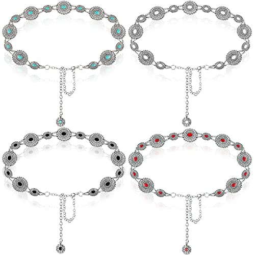 Newtay 4 Pieces Women Turquoise Chain Belt Concho Belts Adjustable Western Metal Waist Chain Belt For Jeans Dresses (Classic Style), Black, White, Red And Green #TOP15