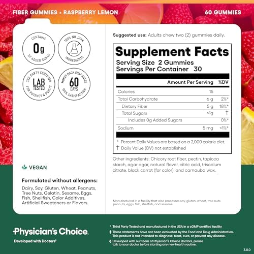 Physician's CHOICE Fiber Gummies for GLP-1 Support - No Sugar Added & Vegan - Raspberry Lemon - Natural Chicory Root Prebiotic Fiber Gummy - Digestive Health & Regularity for Women & Men - 60CT — view 4