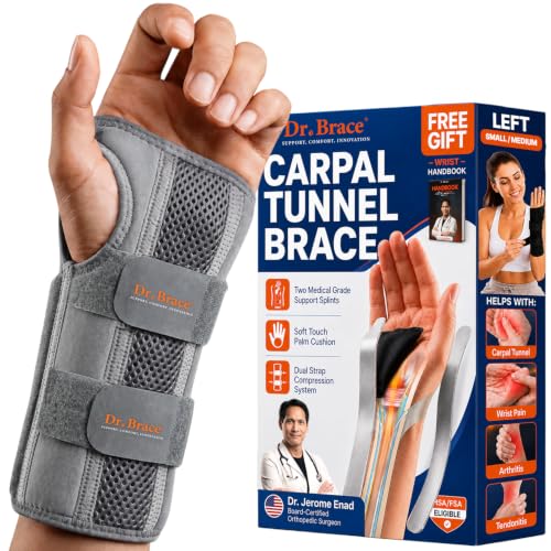 DR. BRACE Carpal Tunnel Wrist Brace Night Support- Hand Brace for Pain Relief- Tendonitis, Sprained, Arthritis- Upgraded Dual Wrist Splints & Therapeutic Cushion, For Women & Men (S/M Left, Grey)