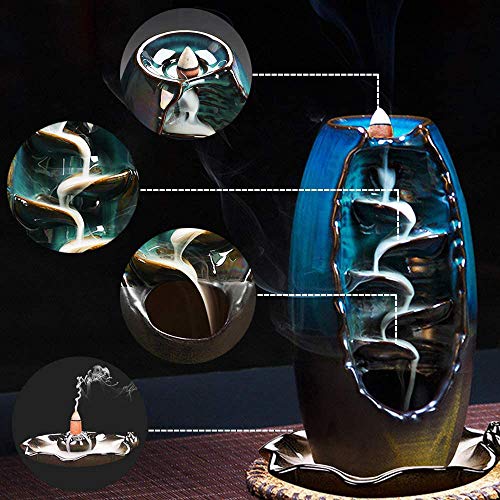 XinXu Incense Burner,5 in 1 Ceramic Backflow Waterfall Incense Holder with 170 Incenses, Aromatherapy Ornament Home Decor with 120 Cones,30 Stick,20 Coil Incense,3 Artificial Lotus Leaf,1 Cushion - Thumbnail 4