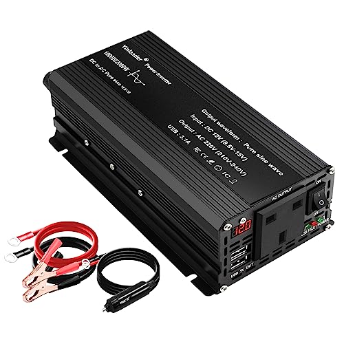 Yinleader Pure Sine Wave 2000W Power Inverter DC 12V to 240V AC 1 UK Socket 2 USB Ports with LED Dispaly Cigarette converter