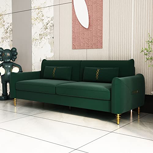 Morhome 82" Velvet Upholstered 3 Seater Flared Arms And Removable Cushions, Mid-Century Modern Sofa Couch With Solid Wood Frame And Gold Legs For Living Room, Green #TOP6