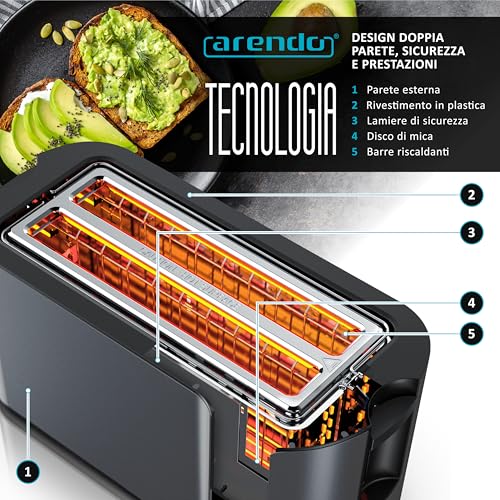 Arendo Tostapane 4 Fessure Lunghe 1500 W, Display Touch, Doppio Guscio, Supporto Per Brioche, 7 Livelli Di Tostatura, Centratura E Display Del Tempo Rimanente, Funzione Memoria - 5