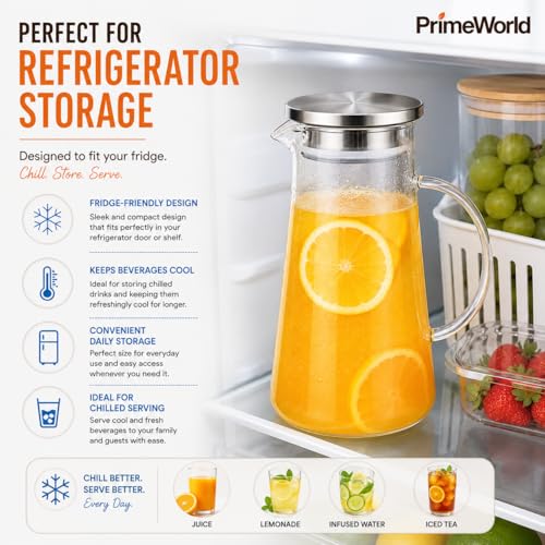 Image of PrimeWorld 1 pc 1.5 Litre Borosilicate Glass jug with Lid Stainless Stell Air Tight Water Pitchers with Handle for Fridge,Carafe for Hot /Cold Drink,Iced Tea, Coffee,Juice,Milk,Beverage