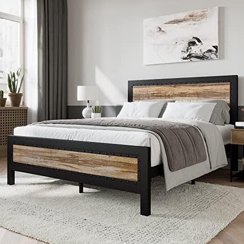Sha Cerlin Heavy Duty Metal Bed Frame Queen Size/Wooden Headboard Footboard With Rivet/ 13 Strong Metal Slats Support/No Box Spring Needed/Mattress Foundation/Easy Assembly #TOP6