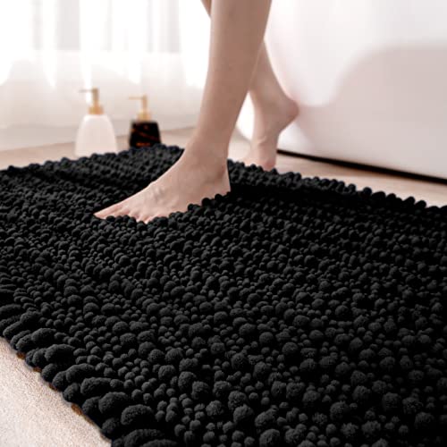 DEXI Badezimmerteppich 60 x 110 cm,Chenille Badematte rutschfest,Weicher Badvorleger Maschinenwaschbar,Mikrofaser Absorbent Badteppich für Badewanne,Dusche und Badezimmer - Schwarz Cover