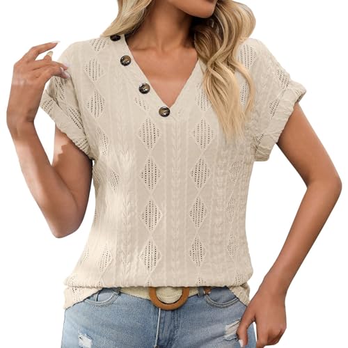 Women's Spring/Summer Solid Color V Neck Short Sleeve Button Loose T Shirt Womens Tech (Beige, M)