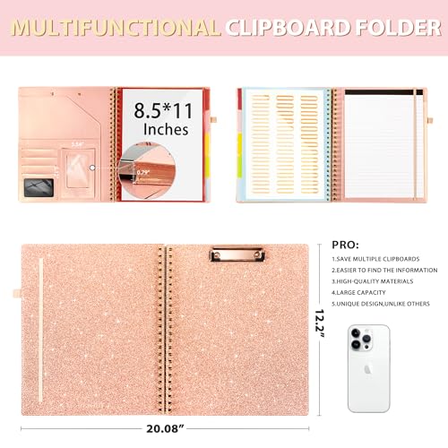 clipboard with storage for men women leather padfolio portfolio organizer 5 folders with 10 pockets spiral clipboard folio with notepad for letter size elastic closure and pen loop rose gold