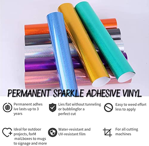 Image of Lya Vinyl Holographic Permanent Vinyl Bundle - 8 Pack Permanent Sparkle Holographic Vinyl Sheets, 12 inch x 12 inch Permanent Adhesive Bundle for Craft DIY, Birthday Party, Christmas Decoration