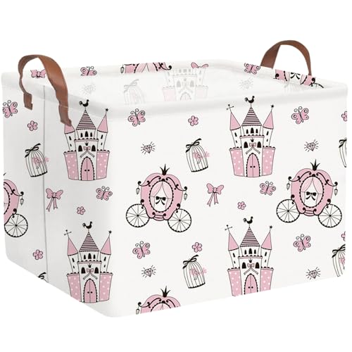 Image of Rectangular castle Storage Basket,Kids Dirty Clothes Hamper,Waterproof canvas storage basket,Books Box,Girls Room decor(Pink Princess)