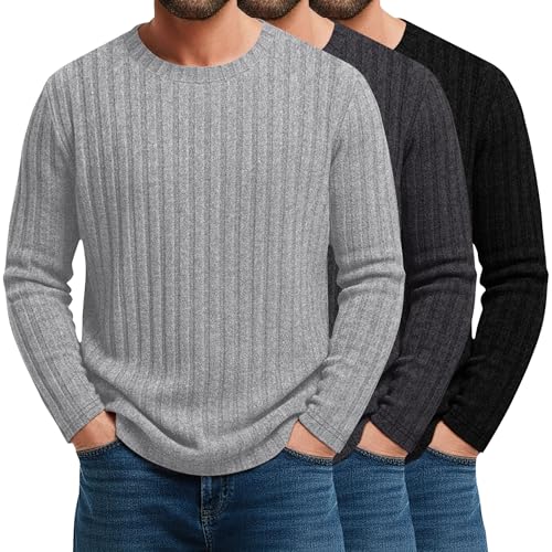 August Alley 3 Pack Men's Long Sleeve T-Shirts Ribbed Knit Top Pullover Crewneck Casual Sweater Stretchy Undershirt Tee S-3XL(Light Gray, Charcoal Gray, Black,Large)